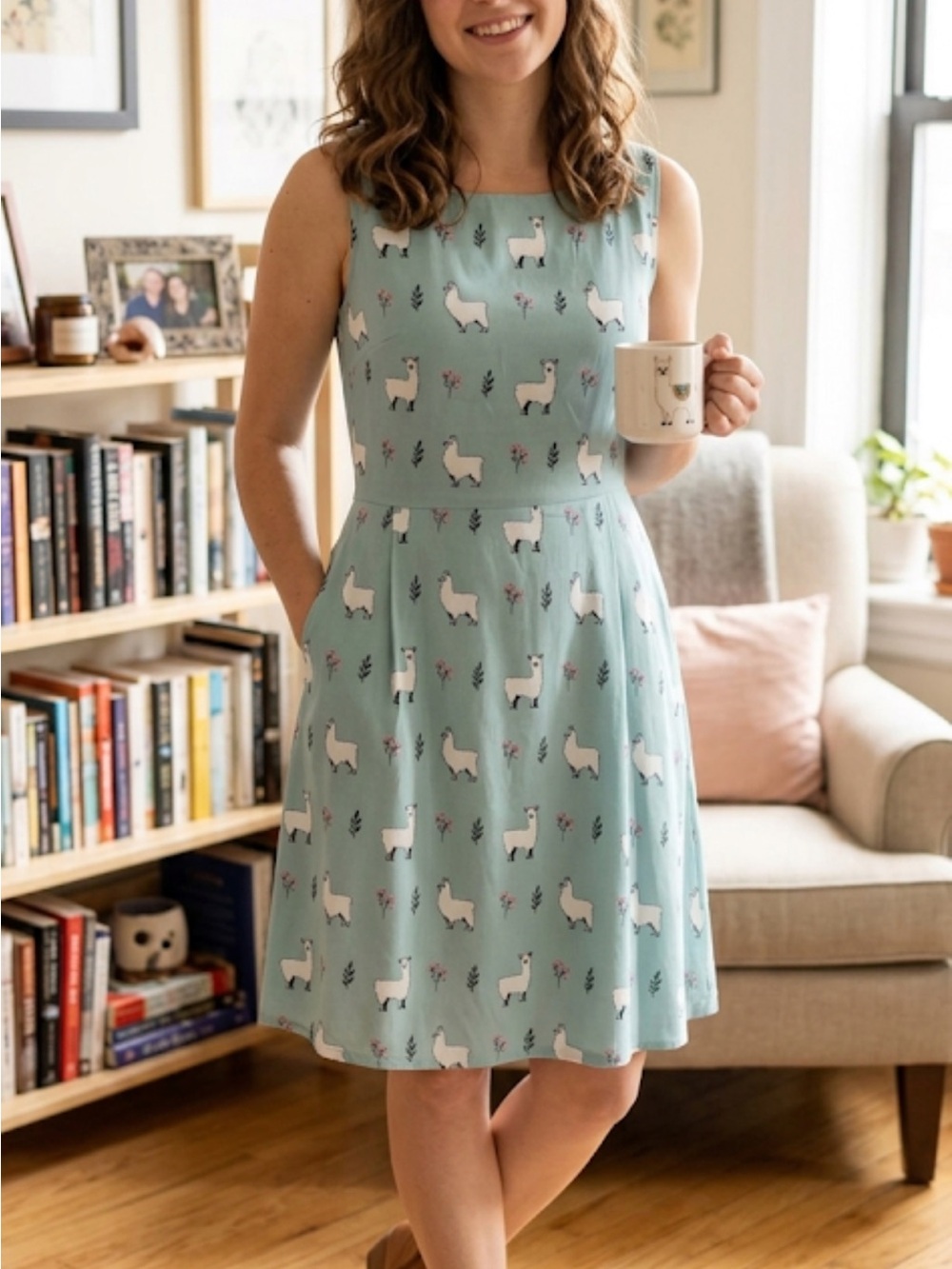 Sleeveless Mint A-Line Dress with Llama Print